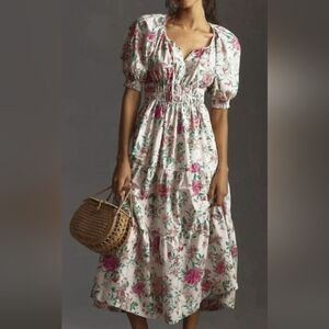 Anthropologie Floral Puff Sleeve Dress - Pink and Green